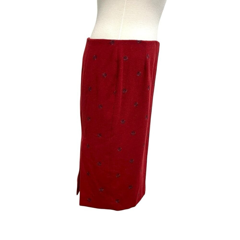 Vintage BURBERRY Wool Cashmere Angora Embroidered Pencil Skirt Red size 14 - Picture 2 of 8
